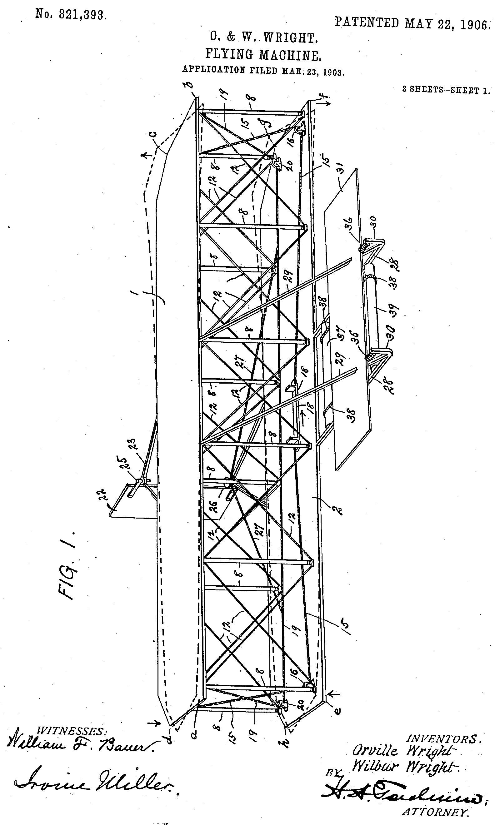 Drawing from the Wright brothers' U.S. patent for a flying machine.